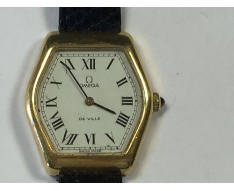 Omega - a lady's 18ct gold cased 'De Ville' wristwatch, white dial with black Roman numerals, manual wind 17-jewel movement, 