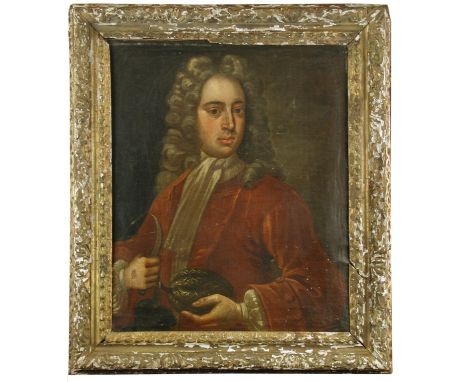 Circle of Sir Godfrey Kneller (British, 1646-1723) Portrait of a gentleman in red with a white stock and grey wig, holding a 