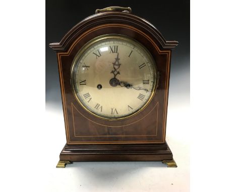 A Regency style mahogany and boxwood banded twin fusee bracket clock, late 19th century, with folding brass handle above 6inc