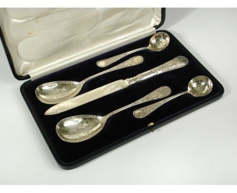 A Victorian cased set of five silver gilt dessert servers, by Frederick Sibray & Job Frank Hall, Sheffield 1881, comprising :