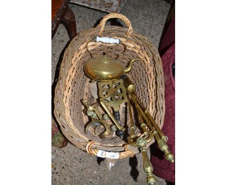 Basket containing various fire tools, brass kettle etc