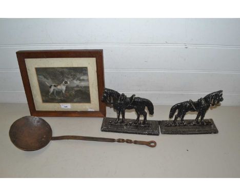 Pair of door stops formed as horses, vintage metal ladle and a coloured print of a dog