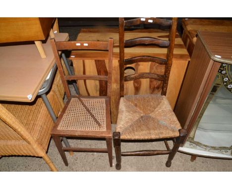 Rush seated ladder back chair and a further cane seated bedroom chair