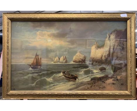British School, 20th century, fisherfolk on a coastline, oleograph, indistinctly signed, 28x16.5ins, gilt framed, glazed.