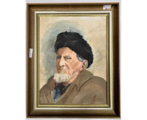 British, 20th century, A portrait of a gentleman wearing a ushanka, inscribed on verso "Peter", 17x13ins, acrylic on board, f
