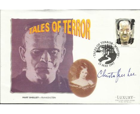Christopher Lee autographed 1997 Tales of Terror first day cover with Frankenstein illustration. Lee is best known for playin