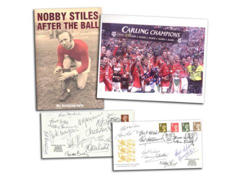  Manchester United signed collection. Nobby Stiles signed Autobiography; Teddy Sherringham signed 10 x 8 photo and two multi-