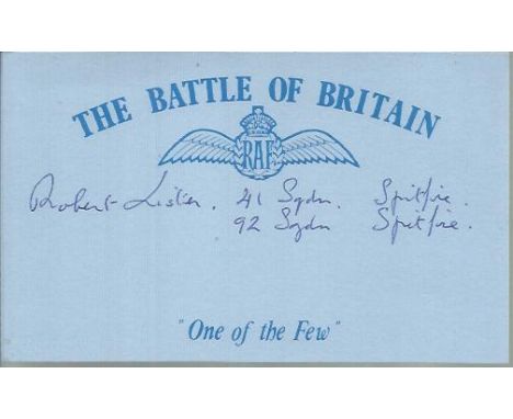 R C F Lister 41 and 92 Sqns Battle of Britain signed index card. Good condition 