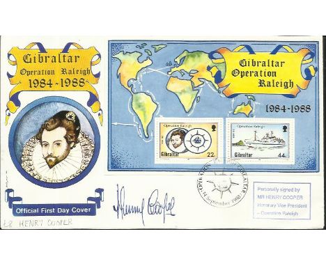 Henry Cooper 1988 Gibraltar Operation Raleigh official first day cover. Attractive miniature sheet with Gibraltar special pos