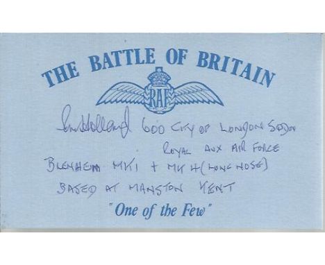 R M Holland 600 Sqn Battle of Britain signed index card. Good condition 