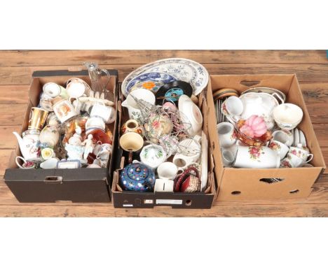 Three boxes of miscellaneous. Includes Royal Doulton willow, Carlton Ware, carnival glass etc.  