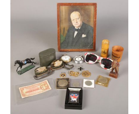 A quantity of collectables. Including Mauchline ware, Zippo lighter, 1920 &amp; 1921 florin, framed picture of Winston Church