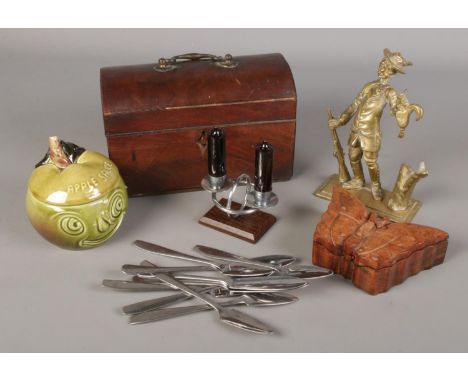 A quantity of collectables. Includes Georgian walnut tea caddy, novelty candlestick cruet set, butterfly puzzle box etc.  