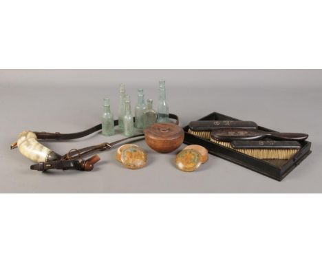 A small quantity of collectables, to include horn flask, dressing table set and vintage chemist bottles.  