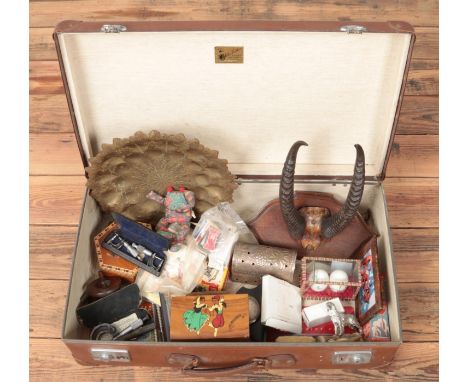The Globe Trotter vintage suitcase with contents of collectables. Includes mounted antlers, Liberty frog, Moore &amp; Wright 