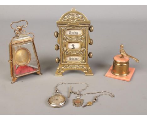 An assortment of collectables, to include white metal fob watch on silver chain with fob, Pheasant topped inkwell and desk ca