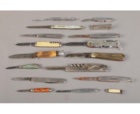 A collection of folding fruit, multi-bladed pocket knives and tools. To include Wilkinson and miniature examples.  