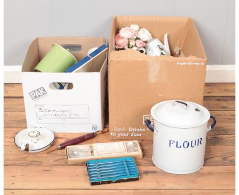 Two boxes of assorted kitchen ware, with Calligraphy set. Includes modern Royal Worcester part dinner set and Enamel Flour Bi