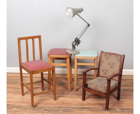 A pair of vintage stools along with a similar chair, a child's chair and an angle poise lamp.  