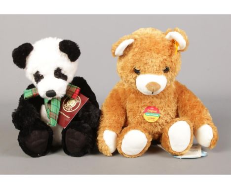 A Steiff 'Cosy Friends' teddy bear with buttoned ear, with Charlie Bears 'Bobble' panda.  