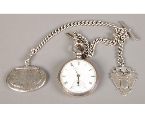 A silver cased pocket watch together with heavy silver chain, t-bar fob and hinged snuff box. Pocket watch assayed for Birmin