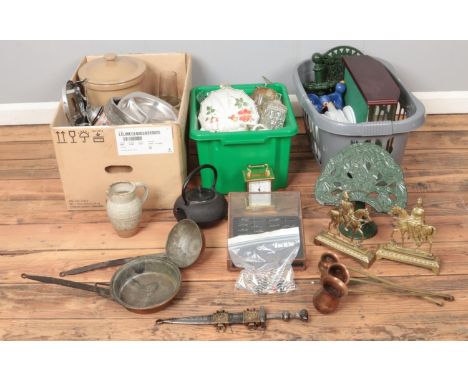 Three boxes of miscellaneous. Including painted metal stands, Italian flag, Pearson of Chesterfield bread bin, metal chess fi