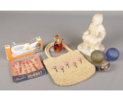 A quantity of collectables. Includes alabaster seated lady, glass paperweights, Maws baby brush and comb etc.  