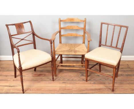 Three chairs. Including oak ladder back armchair with rush seat example, etc.  