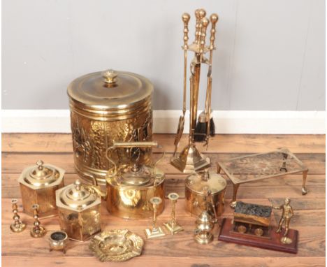 A box of brassware. Including Eastern tea caddy, ornate bin, kettle, etc.  