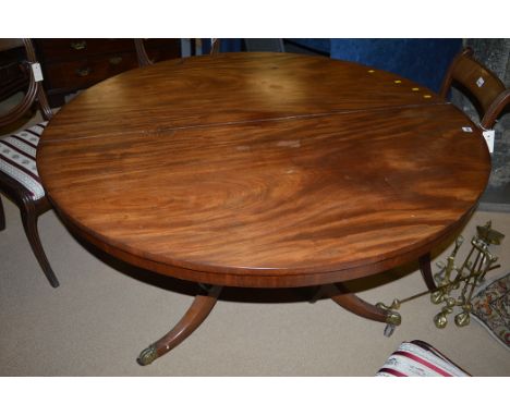 A Regency mahogany circular tip-up-top breakfast table, turned column, raised on tripod legs terminating in ceramic castors, 