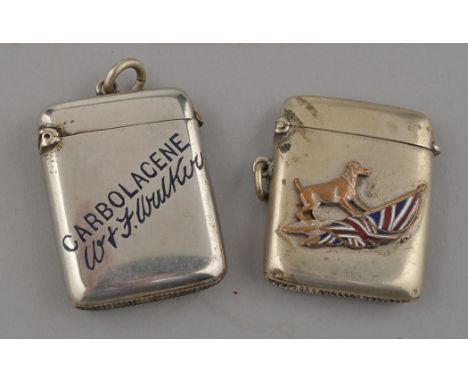A late Victorian silver plated vesta case, decorated with a dog on enamelled Union Jack, stamped 'Reg. Design No. 641558', 4.