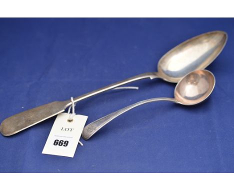 A Victorian silver gravy spoon, by Thomas Sewell, Newcastle 1868, engraved initials 'A.R.' to handle; together with a George 