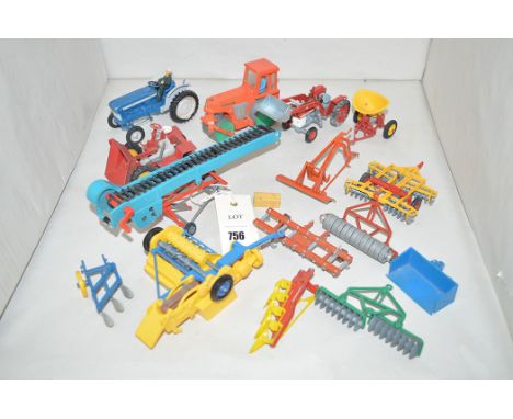 Dinky diecast model vehicles - Britains 70's Van Machinery: baler; Fordson tractor; Fertiliser spreader; discs, ploughs x 2; 