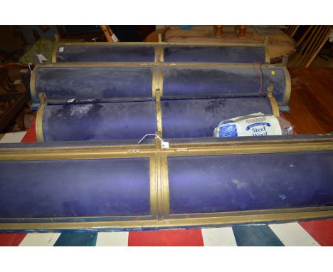 A set of three Art Deco style metal and blue glass light fittings, 122cms wide; and a smaller one.  (4)