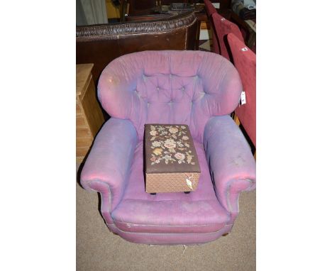 A Victorian button back armchair, upholstered in purple material; and a sewing box.  (2)