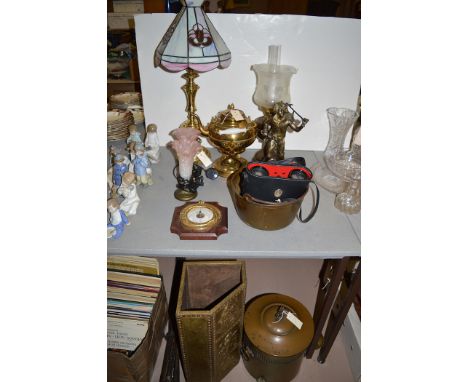 A Victorian brass spirit kettle with ceramic handle; a pair of Zenith fully coated Korea 10 x 50 binoculars, cased; a baromet