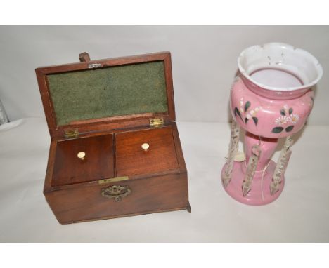 A pink opaque glass lustre, floral decoration vase; together with a tea caddy.  (2)
