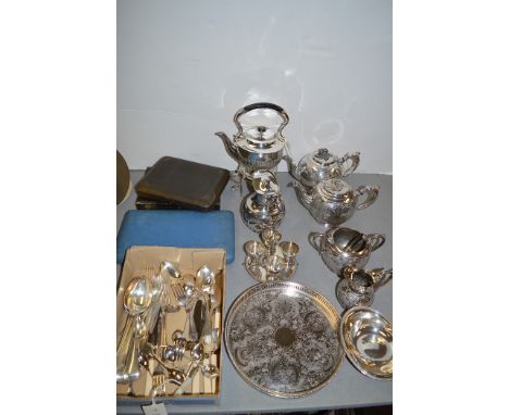 A quantity of silver-plated metalware, to include: teapots; egg cups; dishes; cutlery sets; and other loose flatware.