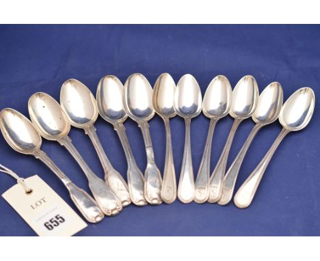 A set of six George III silver teaspoons, by William Sumner I, London 1789, with engraved family crest to handle of a raised 