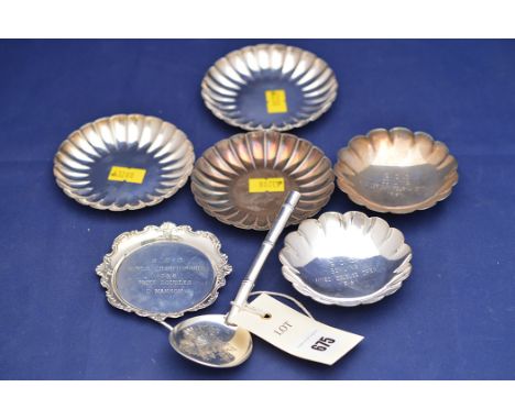 American silver, to include: six trinket dishes; and a caddy spoon stamped 'Sterling 950', all with bowling tournament engrav