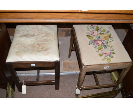 Two rectangular mahogany stools, the legs joined by stretchers, one upholstered in woolwork tapestry.