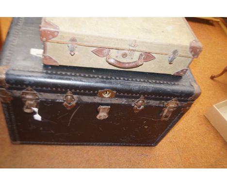 American railroad studded trunk together with a vintage suitcase 