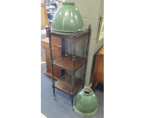A Victorian Whatnot on brass casters (109 x 35 x 35cm) and 5 retro green lamp shades (6)  