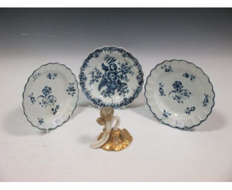 Two Worcester blue and white chantilly spring pattern plates, a Worcester blue and white plate and a Royal Worcester candlest