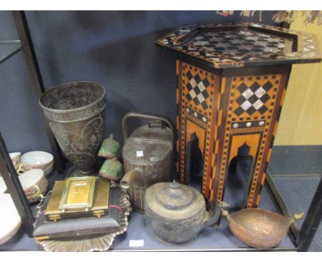 An Indian inlaid occasional table, and various Indian and similar brassware, pair shoes, textiles, a 1930s or '40s evening ba