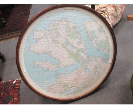 A 19th century mahogany tripod table with a circular glazed top and map of West Coast of Scotland 71 x 83.5cm  