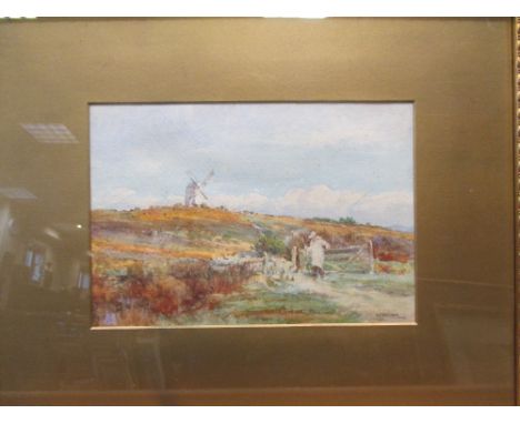 William Frederick Measom (British School, b. 1875), View of Storrington windmill with a shepherd and flock of sheep entering 