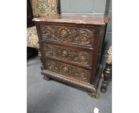 A French carved oak and marble top petit commode 67 x 56 x 35cm  