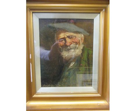 F. Falke (circa 1900), A man smoking a pipe, playing cards, oil on board, signed, 24 x 18cm and another of a Scotsman, indist