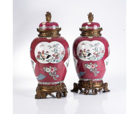 A PAIR OF FRENCH CERAMIC AND GILT-BRONZE MOUNTED VASES AND COVERS, EDME SAMSON, 19TH CENTURY Each with shaped cartouches pain